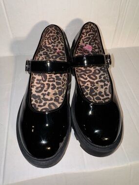 Kids Black Patent Mary Jane Dress Shoes with Leopard Insole